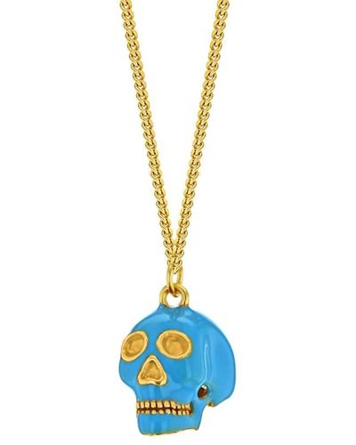 True Rocks Turquoise Enamel & Gold Plated Mini Skull Pendant - Blue