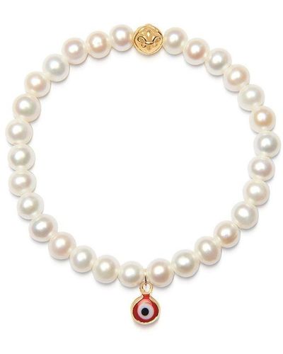 Nialaya Wristband With White Pearls And Red Evil Eye Charm - Metallic