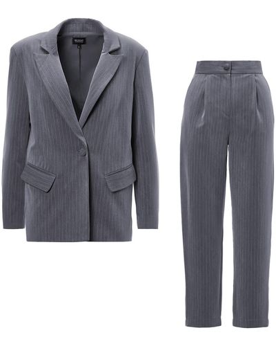 BLUZAT Pinstripe Suit With Regular Blazer And Cropped Pants - Gray