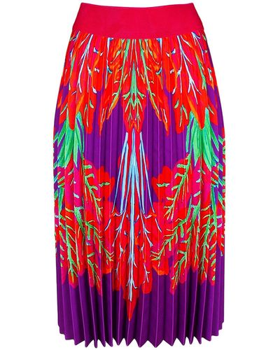 Lalipop Design Half Circle Pleated Purple Midi Skirt With Red Leaves Print