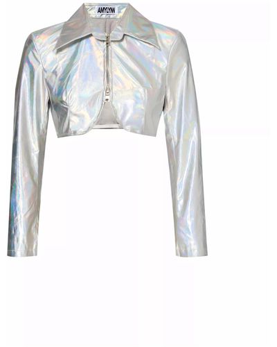 Amy Lynn Space Neon Metallic Zip Up Crop Jacket - White