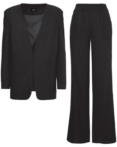 BLUZAT Linen Suit With Blazer And Straight Pants - Black