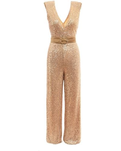 BLUZAT Sequin Jumpsuit With Padded Shoulders - Natural