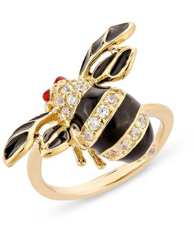 SALLY SKOUFIS Queen Bee Midi Ring With Made White Diamonds & Black Enamel In Gold - Metallic