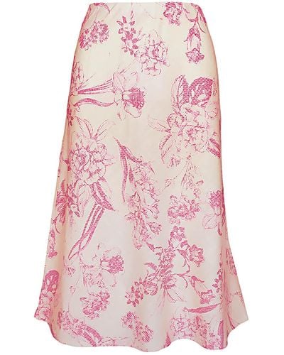 Haris Cotton Midi Printed Linen Blend Skirt With Elastic Waist - Pink