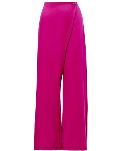 BLUZAT Fuchsia Asymmetrical Wide Leg Pants With Button - Pink
