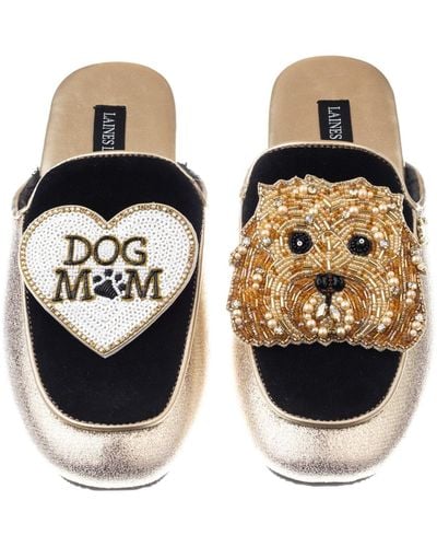 Laines London Classic Mules With Enki Doo The Cockapoo & Dog Mum / Mom Brooches - Black