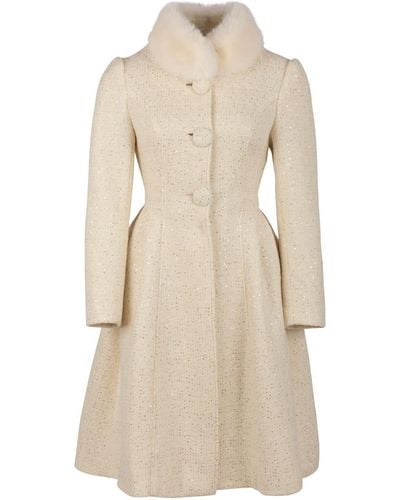 Santinni Starlet Wool Tweed Dress Coat With Faux Fur In Crema - Natural