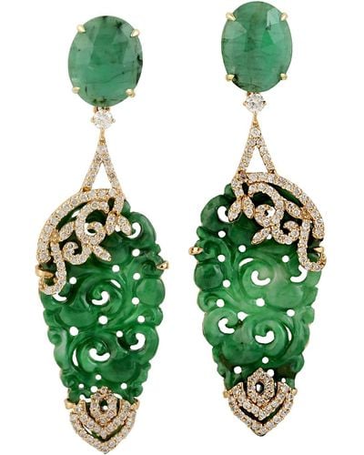 Artisan Jade Carving Diamond Dangle Earrings 18k Yellow Gold Handmade Jewelry - Green