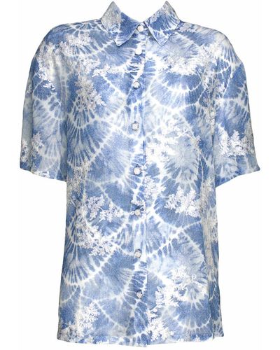Lalipop Design Chiffon Shirt With Tie-dye Denim Effect Print And Embroidery Details - Blue