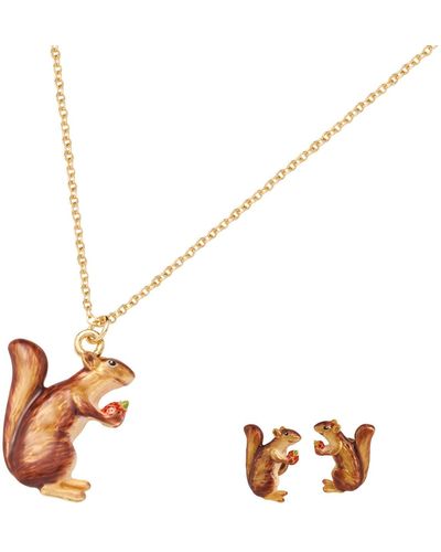 Fable England Fable Enamel Cheeky Squirrel Stud Earrings, Enamel Cheeky Squirrel Short Necklace - Metallic