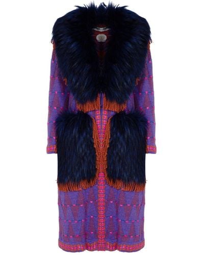 The Extreme Collection Longline Coat Faux With Vegan Fur Details Satchel - Blue