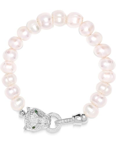 Nialaya Pearl Bracelet With Silver Panther Head - White