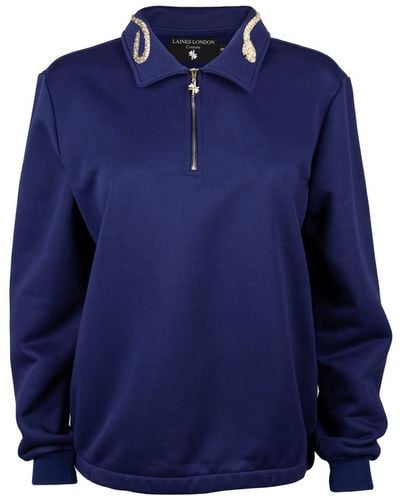 Laines London Laines Couture Navy Quarter Zip Sweatshirt With Embellished Crystal & Pearl Snake - Blue