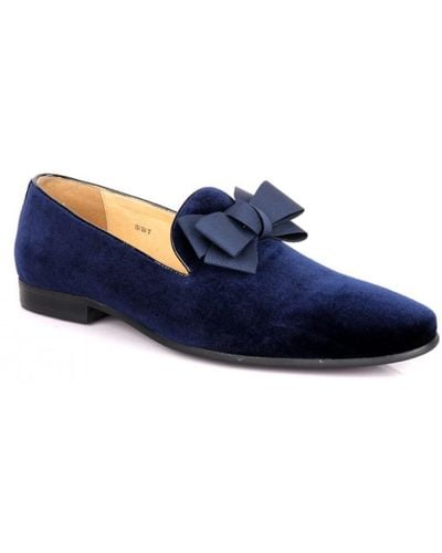 DAVID WEJ Leather Velvet Bow Tie Loafers - Blue