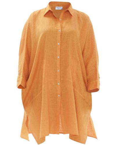 Haris Cotton Solid Button Up Drop Shoulder Linen Shirt - Orange