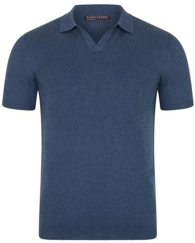 Paul James Knitwear Ultra Fine Cotton Nathan Buttonless Polo Shirt - Blue