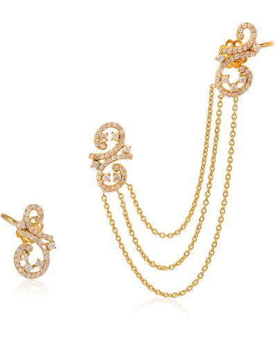 Artisan 18k Yellow Gold Pave Diamond Chain Cuff Earrings Handmade Jewelry - Metallic