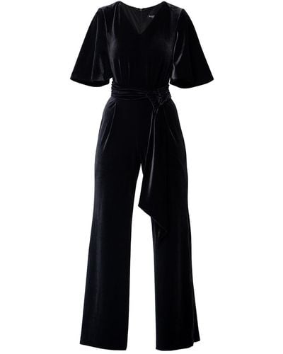 Rumour London Layla Velvet Jumpsuit With Bell Sleeves & Sash In - Black