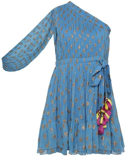 Style Junkiie Embroidered One Shoulder Dress - Blue
