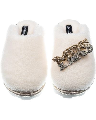 Laines London Teddy Closed Toe Slippers With Mrs Brooch - White