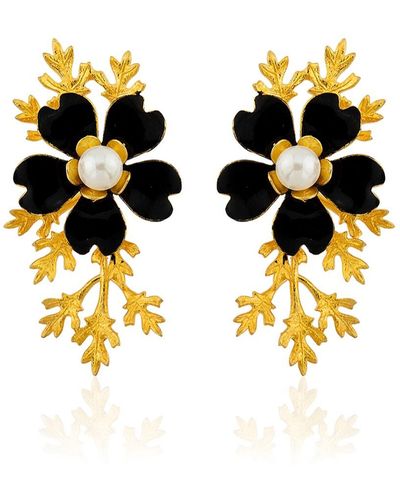 Milou Jewelry Flower Earrings With Gold Branches - Black