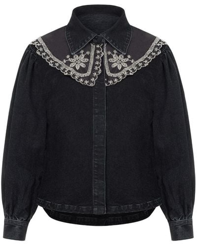 Nocturne Embroidered Collared Denim Shirt - Black
