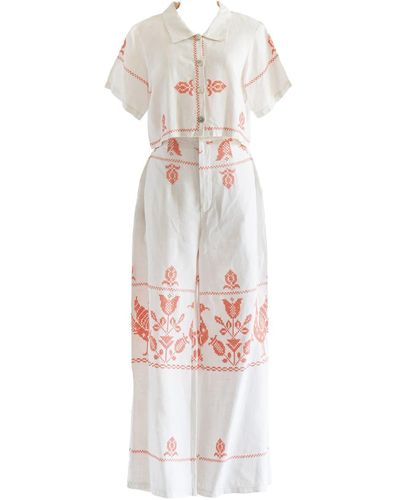 Sugar Cream Vintage Re-top & Pants Orange Blossom Embroidery Half Sleeve Set - White
