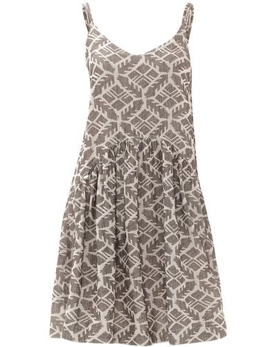 Haris Cotton Embroidered Tank Linen Blend Dress With Ruffle Hem Leaves - Gray