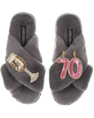 Laines London Classic Laines Slippers With 70th Birthday & Champagne Glass Brooches - Brown