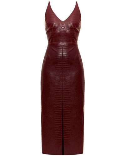 UNDRESS Calista Bordeaux Vegan Leather Midi Dress With Front Slit - Red