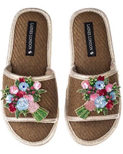 Laines London Straw Braided Sandals With Double Flower Bouquet Brooches - Green