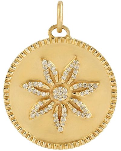 Artisan Flower Natural Diamond Charm Pendant Solid 14k Yellow Gold - Metallic