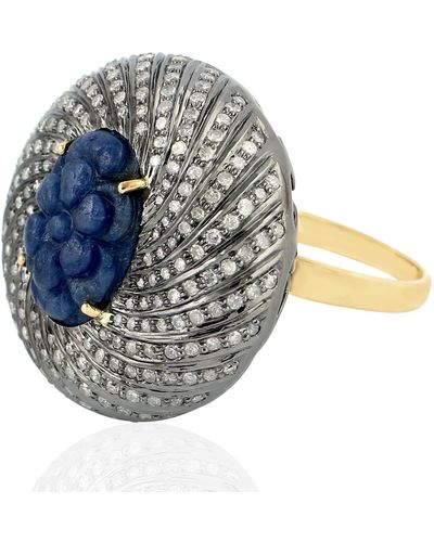 Artisan Sapphire Pave Diamond 18k Gold 925 Sterling Silver Dome Ring - Metallic