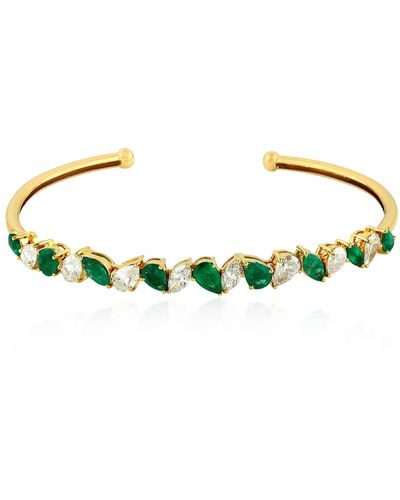 Artisan 18k Gold With Marquise And Pear Shape In Diamond & Emerald Cuff Flexible Bangle - Metallic