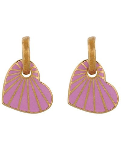 Ebru Jewelry Purple Enamel Gold Heart Earrings - Pink