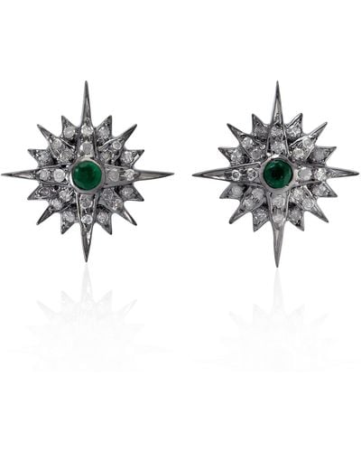 Artisan 18k Gold & 925 Sterling Silver In Pave Diamond With Bezel Set Emerald Star Stud Earrings - Multicolor