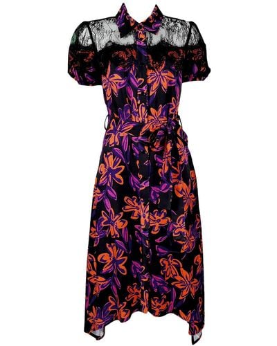Lalipop Design Floral Shirt Dress With Black Lace - Red