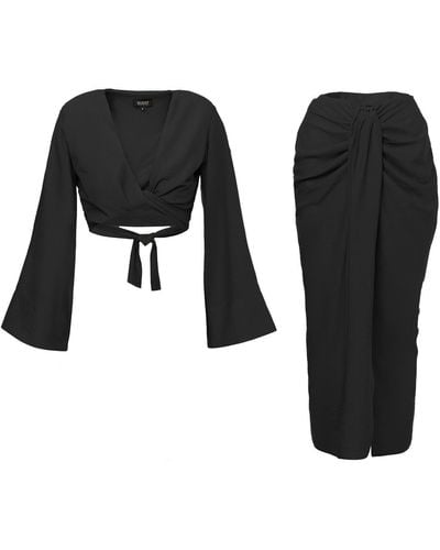 BLUZAT Matching Set With Top And Midi Skirt - Black