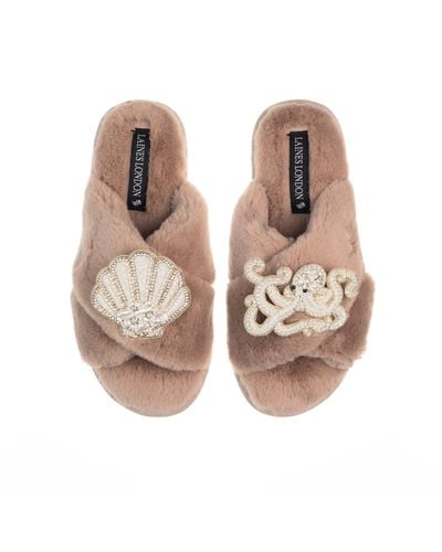 Laines London Classic Laines Slippers With Pearl Beaded Octopus & Shell Brooches - Brown