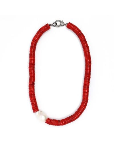 Shar Oke Coral & Baroque Pearl Beaded Necklace - Red