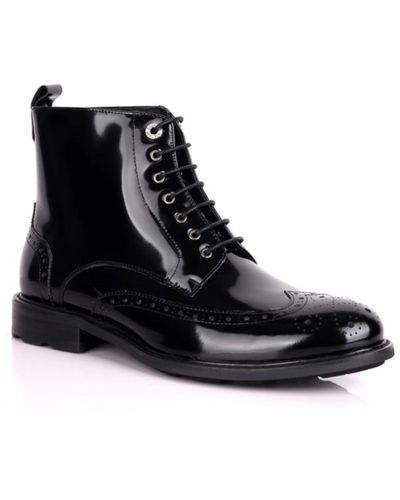 DAVID WEJ Shiny Brogue Leather Lace Up Boots - Black