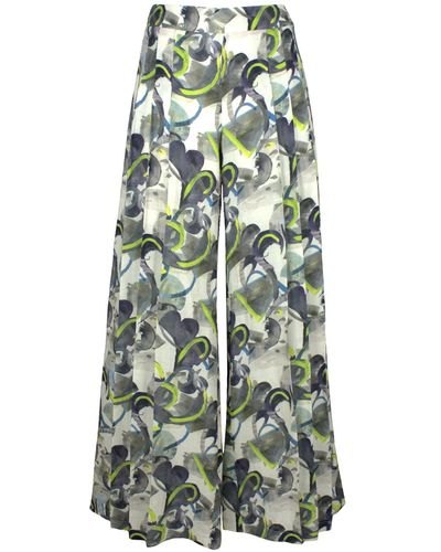 Lalipop Design Wide Pleated Pants In Abstract Print Linen - Green