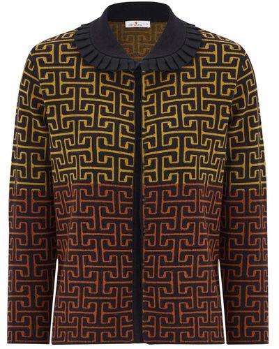 Peraluna 3/4 Sleeve Geometric Jacquard Patterned Knitwear Jacket - Brown