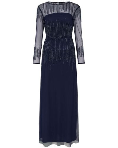 Raishma Navy Laurel Featuring Sheer Long Sleeves & Delicate Vertical Lines Of Embroidery In Key Areas Gown - Blue