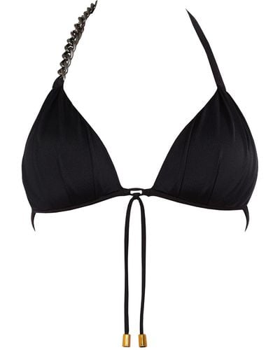ANTONINIAS Lisome Padded Halter Bikini Top With Metal Chain In - Black