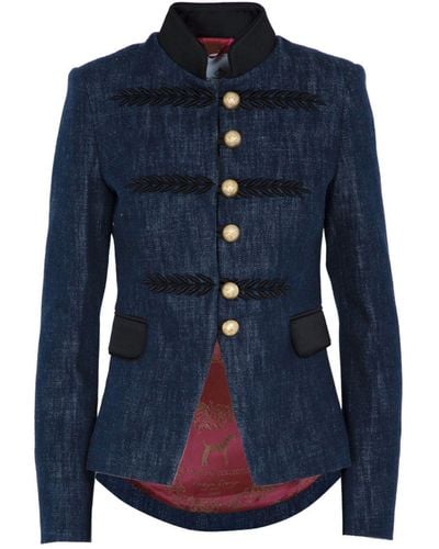 The Extreme Collection Embroidered Denim Single Breasted Blazer With Crew Neck Renata Bleu - Blue