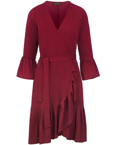 Conquista Wine Wrap Dress Viscose With Bell Sleeves - Red