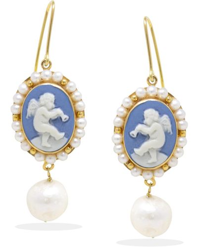 Vintouch Italy Happy Angels Sky Blue Cameo And Pearls Earrings