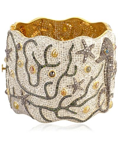 Artisan 18k Gold & 925 Silver In Ice Diamond With Sea Life Design Cuff Bracelet Bangle - Metallic